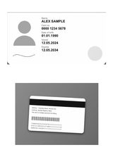 The cards on the A4 page from the photos with the corners not moved (front: the card without its top band; back: the whole photo, table included).