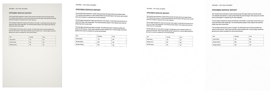 Page one of the file each tool saved, side by side: LensUp, Look Scanned, ToScanned and Scanner Effect.
