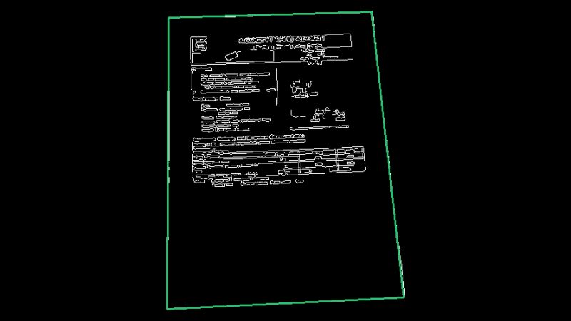 Canny edges on a light wood desk: the printed text shows, the page outline does not. The green line is where the page really is.